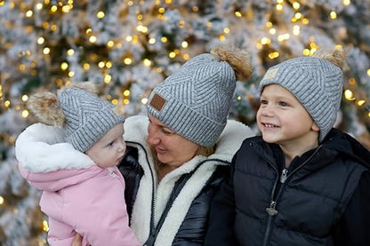 Funky Junque Mommy & Me Double Pom Beanies 3-Pack Matching Winter Hats for Mom, Toddler & Infant Girls, Cozy Knit Family Set - color: Diagonal Basketweave - Heather Grey