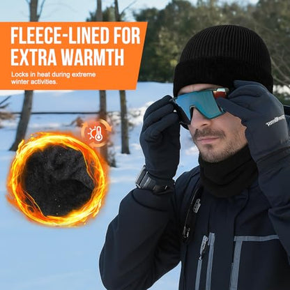Bencailor 3 Pcs Knit Beanie Hats Winter Beanie with Earflap Black Gray Fleece Lined Hats for Men Women Warm Skull Cap Unisex Daily Headwear Winter Gifts
