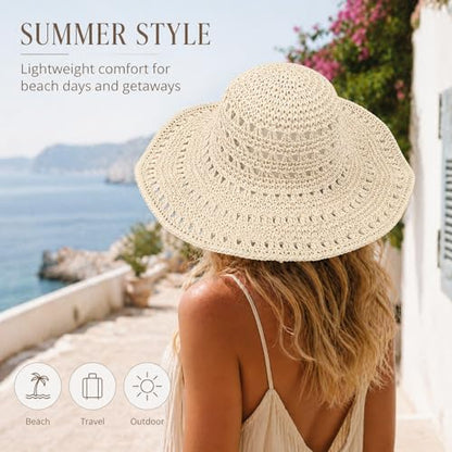 Wide Brim Straw Sun Hat for Women, Floppy Beach Hat, Natural Woven Summer Cap
