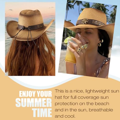 AQOKKA Straw Cowboy Hats for Women Men Western Cowgirl Hats with Shapeable Brim Woven Hollow Out Unisex Beach Roll Up Caps - color: Spray-painted Cowboy Hats : Coffee+khaki
