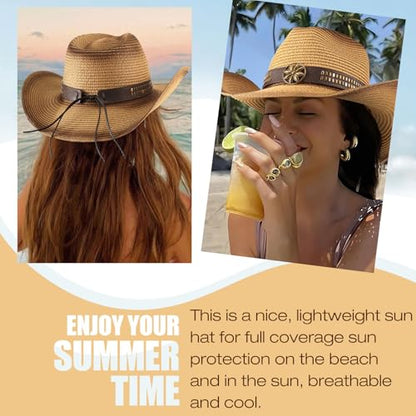 AQOKKA Straw Cowboy Hats for Women Men Western Cowgirl Hats with Shapeable Brim Woven Hollow Out Unisex Beach Roll Up Caps - color: Spray-painted Cowboy Hats : Coffee+khaki