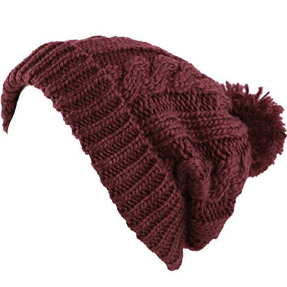 Women and Men Beanie Daily Winter Oversized Thick Stretchy Knitted Pom Pom Beanie Fleece Lined Beanie Hat - color: 1. Curly Burgundy