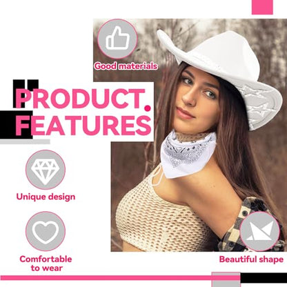 SHENYI Cowgirl Hat and Bandana and Heart Sunglasses Glitter Rhinestone Star Cowboy Hat Western Sparkly Hats for Women Men - color: Cowgirl White