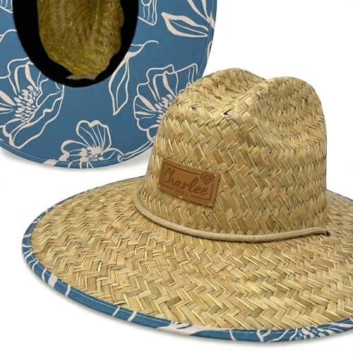Women's Wide Brim Straw Sun Hat for Beach, Lifeguard Style, Hand-Woven Rush & Mat, Adjustable Chin Drawstring - color: The Emery