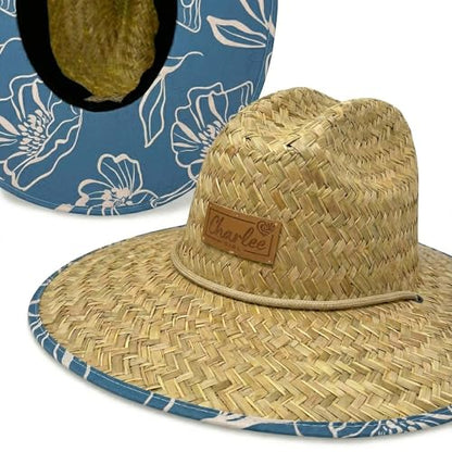 Women's Wide Brim Straw Sun Hat for Beach, Lifeguard Style, Hand-Woven Rush & Mat, Adjustable Chin Drawstring - color: The Emery