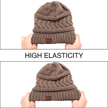Rosoz 2 Pack Ponytail Beanie for Women,Winter Warm Beanie Tail Soft Stretch Cable Knit Messy High Bun Hat - color: 1pack-khaki