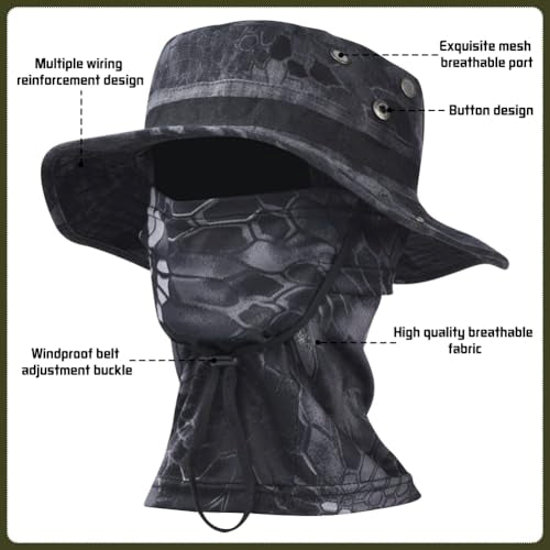 Camo Boonie Sun Hat with Balaclava Face Mask Outdoor Fishing Hat - color: Camo Black