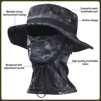 Camo Boonie Sun Hat with Balaclava Face Mask Outdoor Fishing Hat - color: Camo Black