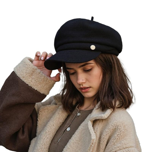 Wool Newsboy Hats for Women Classic Vintage Winter Warm Beret Hats 8 Panel Soft Retro Baker Boy Pageboy Cabbie Cap - color: Black