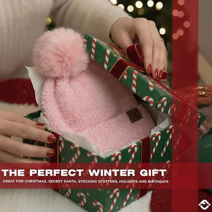 Funky Junque Beanie for Women Ultra Soft Chenille Faux Fur Pom Pom Winter Hats Warm Ski Cap Fashion - color: Terry Chenille - Baby Pink