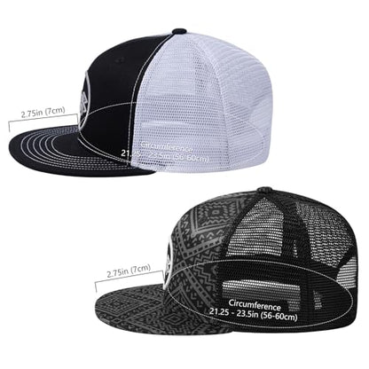 BASSDASH 2 Pack Flat Brim Trucker Cap Adjustable Snapback Hat Mesh Back for Men Women Fishing Hunting - color: Pack of 2, Black and White & Black Geometry