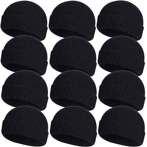 ROYBENS Wool Fisherman Beanies for Men Knit Short Watch Cap Winter Warm Hat - color: 12pcs-black