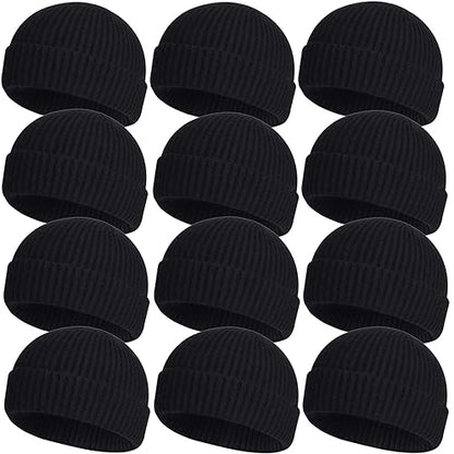 ROYBENS Wool Fisherman Beanies for Men Knit Short Watch Cap Winter Warm Hat - color: 12pcs-black