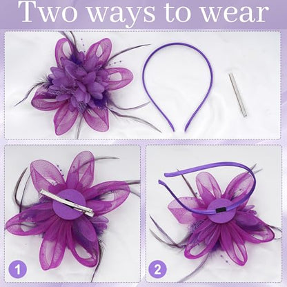 Fascinators Hats with Lace Gloves for Women Headband for Tea Party Wedding - color: Purple