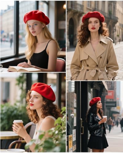 French Beret Hats for Women - Wool Solid Color Beanie Cap - color: Red