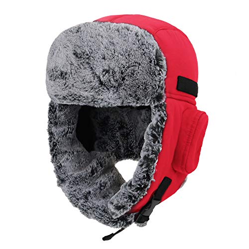 Connectyle Men's Trapper Hat with Faux Fur Linning Eskimo Windproof Winter Warm Hats Ushanka Hunting Hat - color: Red