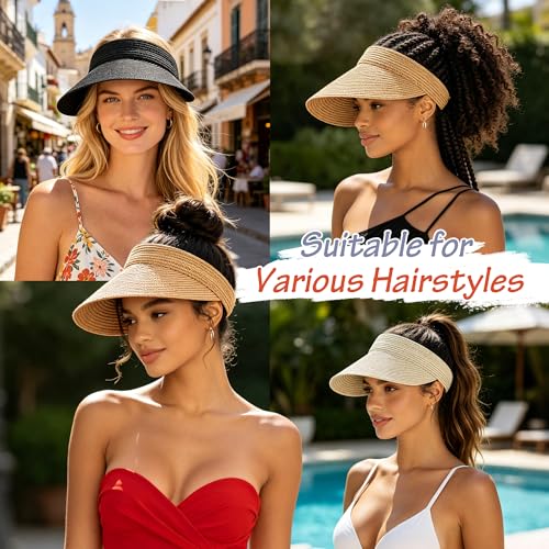 3 Pack Women Straw Sun Visor Hats, Wide Brim UV UPF 50+ Protection Beach Visor, Packable Adjustable Summer Hats for Traveling - color: Khaki+khaki+khaki