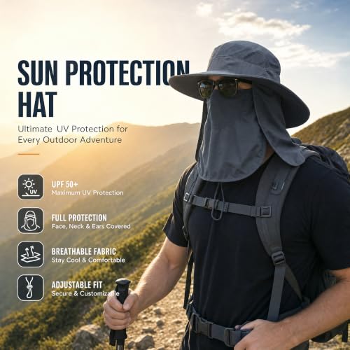 Sun Hat Bucket Hats for Men Women,Outdoor Wide Brim Fishing Hat with Detachable Face Cover & Neck Flap UV Protection - color: Black
