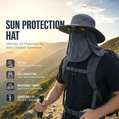 Sun Hat Bucket Hats for Men Women,Outdoor Wide Brim Fishing Hat with Detachable Face Cover & Neck Flap UV Protection - color: Black