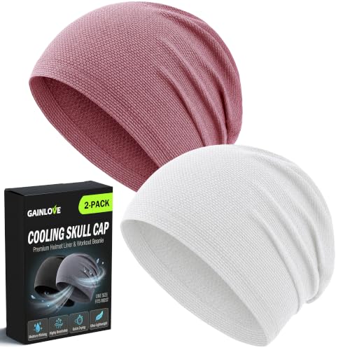 2 Pack Cooling Skull Cap for Men Women, 3D Mesh Sweat Wicking Beanie - color: Pinkish Purple+white