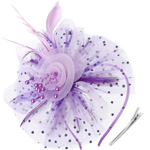DRESHOW Fascinators Hat Flower Mesh Ribbons Feathers on a Headband and a Clip Tea Party Headwear for Girls and Women - color: 7" Diameter / Dark Purple & Light Purple