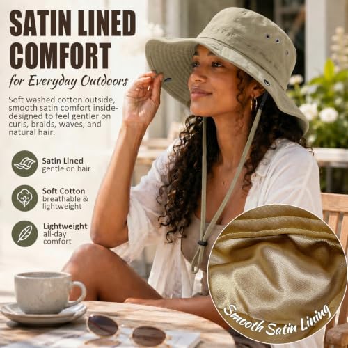 Womens Satin Lined Sun Hat UV Protection Washed Cotton Sun Hat with Satin Lining for Outdoor Beach Travel Hiking - color: Khaki, size: One Size-Medium