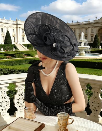 Unpifolov Fascinators Hats Elegant Women Flower Mesh Feathers Wedding Cocktail Bride Headband for Derby Hat Tea Party - color: Black