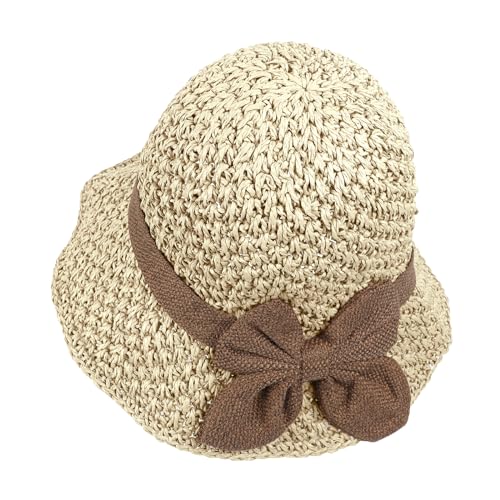 Women Wide Brim Floppy Straw Hats Beach Sun Hat Summer Cap with Bowknot UV Hat Sunhats Cloche Hat Strap Adjustable - color: Beige