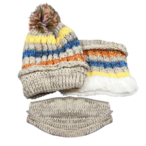 Ypser Women's Winter Warm Knitted Crochet Hat Fleece Lined Cable Faux Fur Pom Pom Beanie Hat Skull Cap - color: Beige 3 Pcs Set (Hat & Scarf & Face Mask)