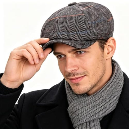 Men's Wool Newsboy Cap 8-Panel Tweed Taxi Hat Herringbone Gatsby Flat Hats - color: Gray