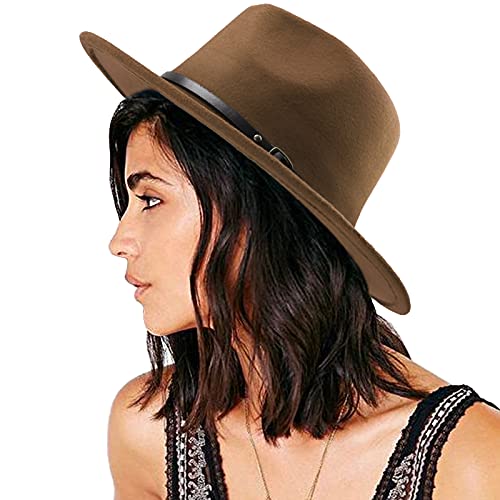 DRESHOW Women Classic Felt Fedora Wide Brim Floppy with Belt Buckle Panama Hat - color: 1 Pc Fedora Hat: Brown
