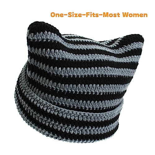 Women Beanie Warm Winter Hats, Soft Knit Lazy Beanie for Women, Women Cat Beanie，Women Fox hat, Slouchy Beanies for Women - color: Blue Gray & Black 2pcs