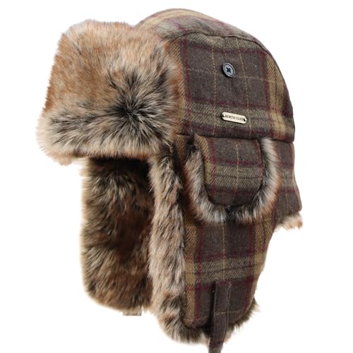 Unisex Winter Trapper Hat Cold Proof Keep Warm Hat with Ear Flaps for Hunting Skiing Trooper Outdoor Activities - color: Dark Plaid Series-brown, size: Large-X-Large