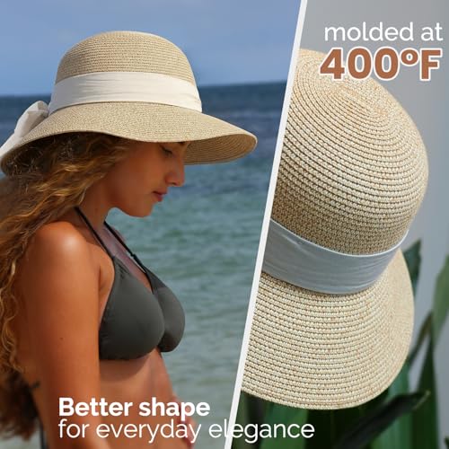 Womens Straw Beach Sun Hat, UV Protection UPF 50+, Lightweight Straw Bucket Hat, Summer Travel - color: Mix Beige-ribbon, size: Medium