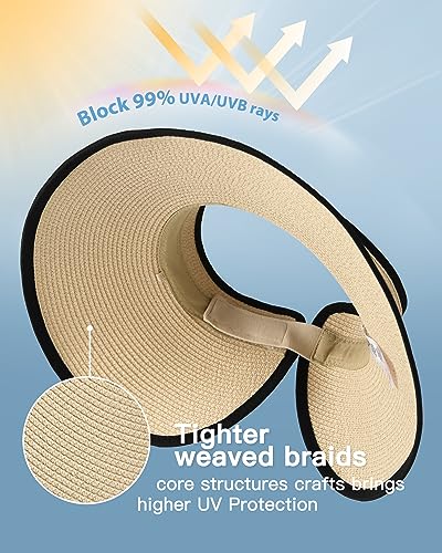 FURTALK Womens Sun Hat with Ponytail Hole Wide Brim Beach Straw Visor - color: Beige With Black