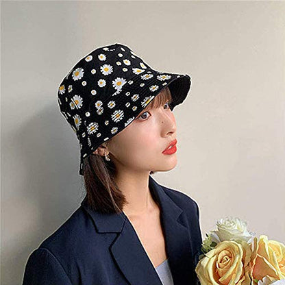 Unisex Bucket Hat Beach Sun Hat Aesthetic Fishing Hat for Men Women Teens, Reversible Double-Side-Wear - color: Daisy Flower