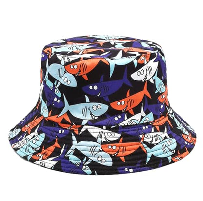 Quanhaigou Reversible Printed Bucket Hat,Summer Beach Outdoor Cap - color: Cartoon Shark