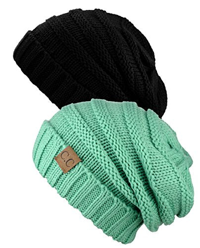 NYFASHION101 Oversized Baggy Slouchy Thick Winter Beanie Hat - color: Black & Sage