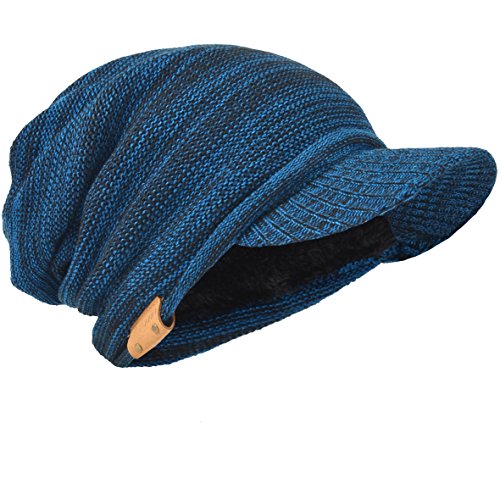 Mens Slouch Beanie Vintage Knit Cadet Cabbie Skull Cap with Visor B319 - color: Blue
