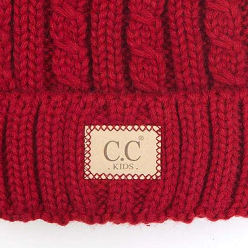 C.C Kids' Suede Patch Snuggly Soft Warm Knit Pom Cuff Beanie - color: Cable Knit Faux Fur, Red