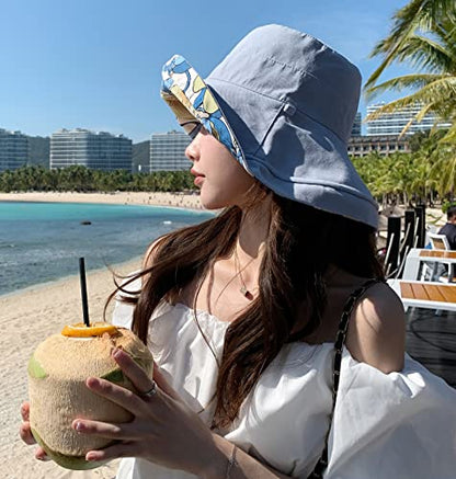HUAMULAN Wide Brim Women Summer Sun Floppy Hat Reversible Beach Bucket Hat - color: M1744-lightblue