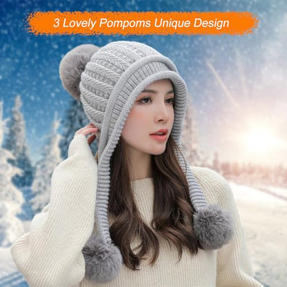 HUAMULAN Women Winter Knit Beanie Hat Circle Scarf Set Pompoms Ear Flaps - color: Gray Solid