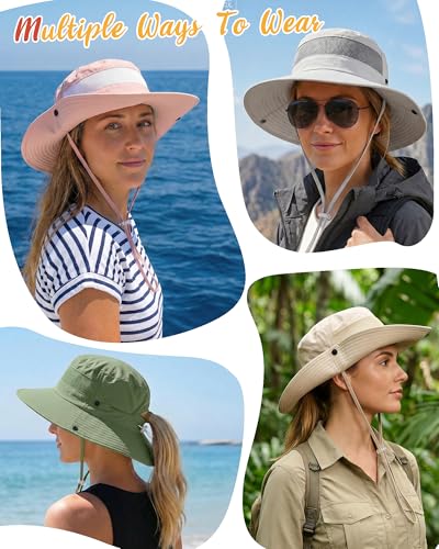 Women's Sun Hat Sun Protection Wide Brim Bucket with Ponytail Hole Summer - color: Green