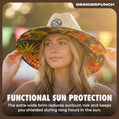 grinderPUNCH Straw Sun Hat for Men Women Wide Brim Beach Fishing UPF 50 - color: Tropical Pineapple