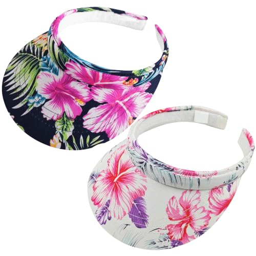 2 Pack Visor Women Men Sun Hat Clip On Visors Adjustable Sport Wide Brim Cap - color: Flowe-white, Navy
