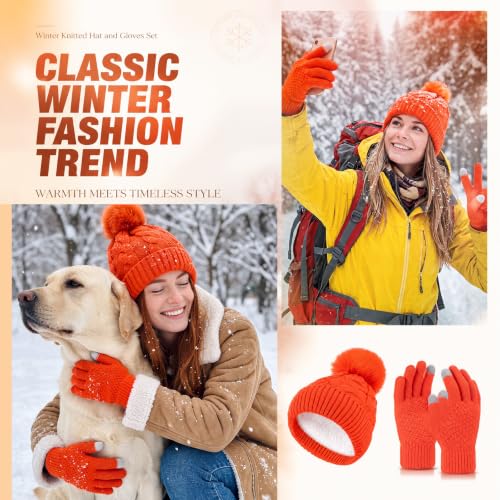 Womens Winter Fleece Lined Knitted Beanie Hat Glove Set, Warm Pom Pom Beanie Knit Cap Touchscreen Gloves for Women - color: Orange