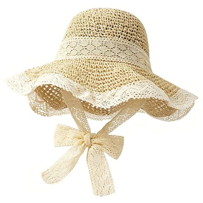 Women's Wide Brim Straw Sun Hat Beach Travel Bucket Hat Packable - color: Beige