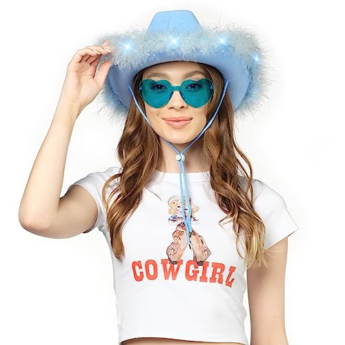 Funcredible Light Up Cowboy Hat and Glasses – LED Cowgirl Hat with Feathers – Cowgirl Costume Accessories for Women - color: Lightblue