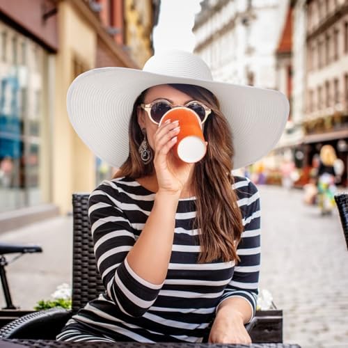 DRESHOW Big Straw Sun Hats for Women Floppy Foldable Roll up Beach Cap Sun Hat UPF 50+ Vacation Honeymoon Embroidered Hat - color: Medium Size: White / Brim 5.5" (Head Circumference 22-22.8")