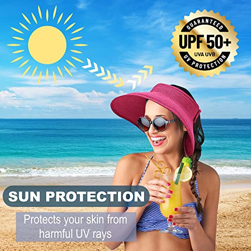Straw Sun Visor for Women, Wide Brim UPF 50+ Protection Beach Hat, Adjustable, Roll Up Foldable Ponytail Cap with Chin Strap - color: Hot Pink
